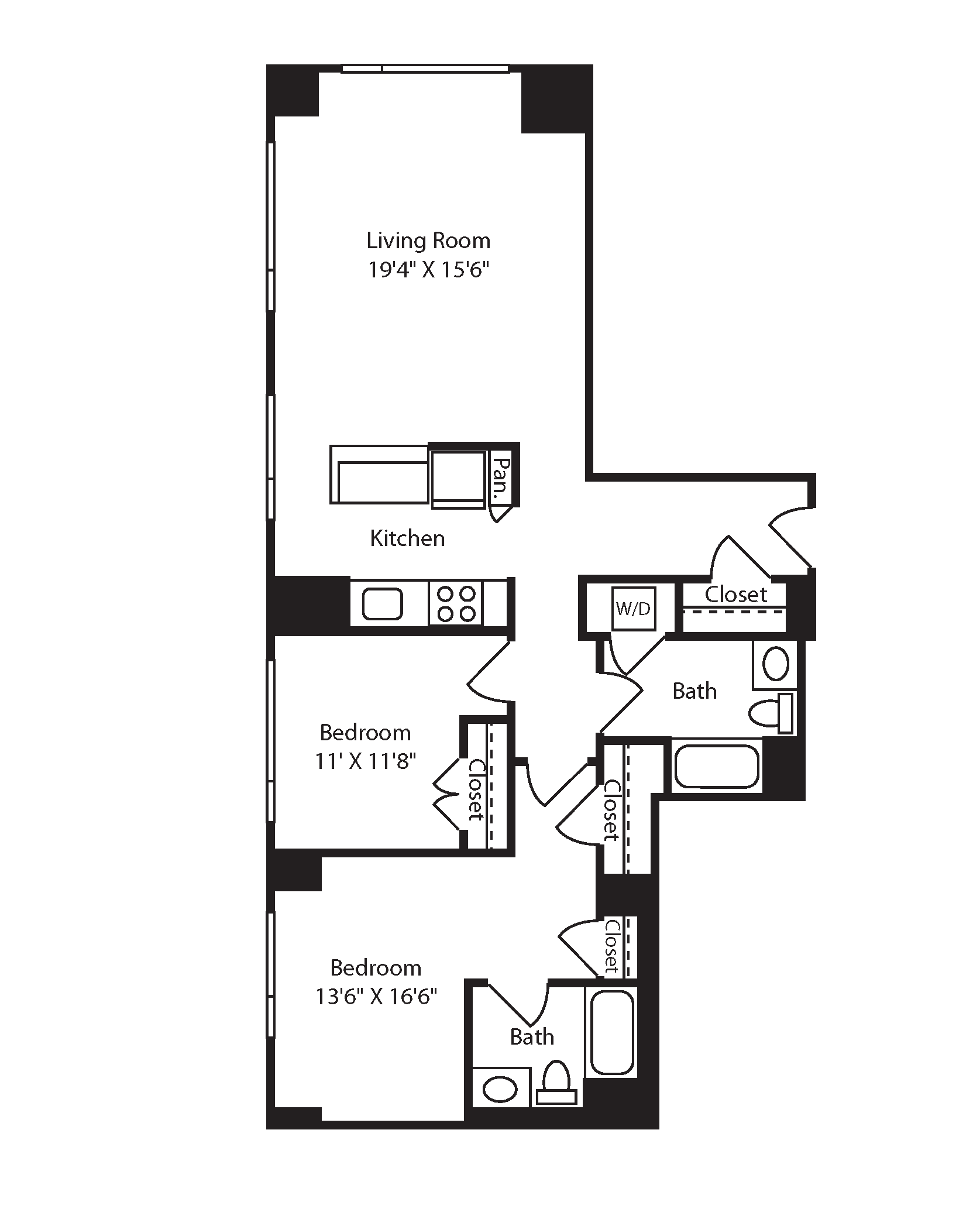 Floor plan for 2 beds, 2 baths, 1231 sqft